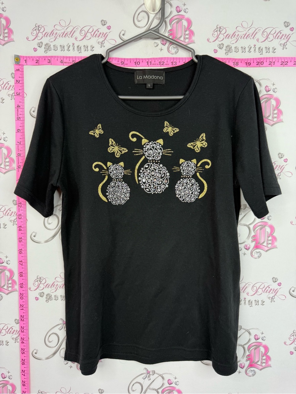 LA Madona Shirt cats Black Short-Sleeve Tee with Gold & Silver Cat Motif